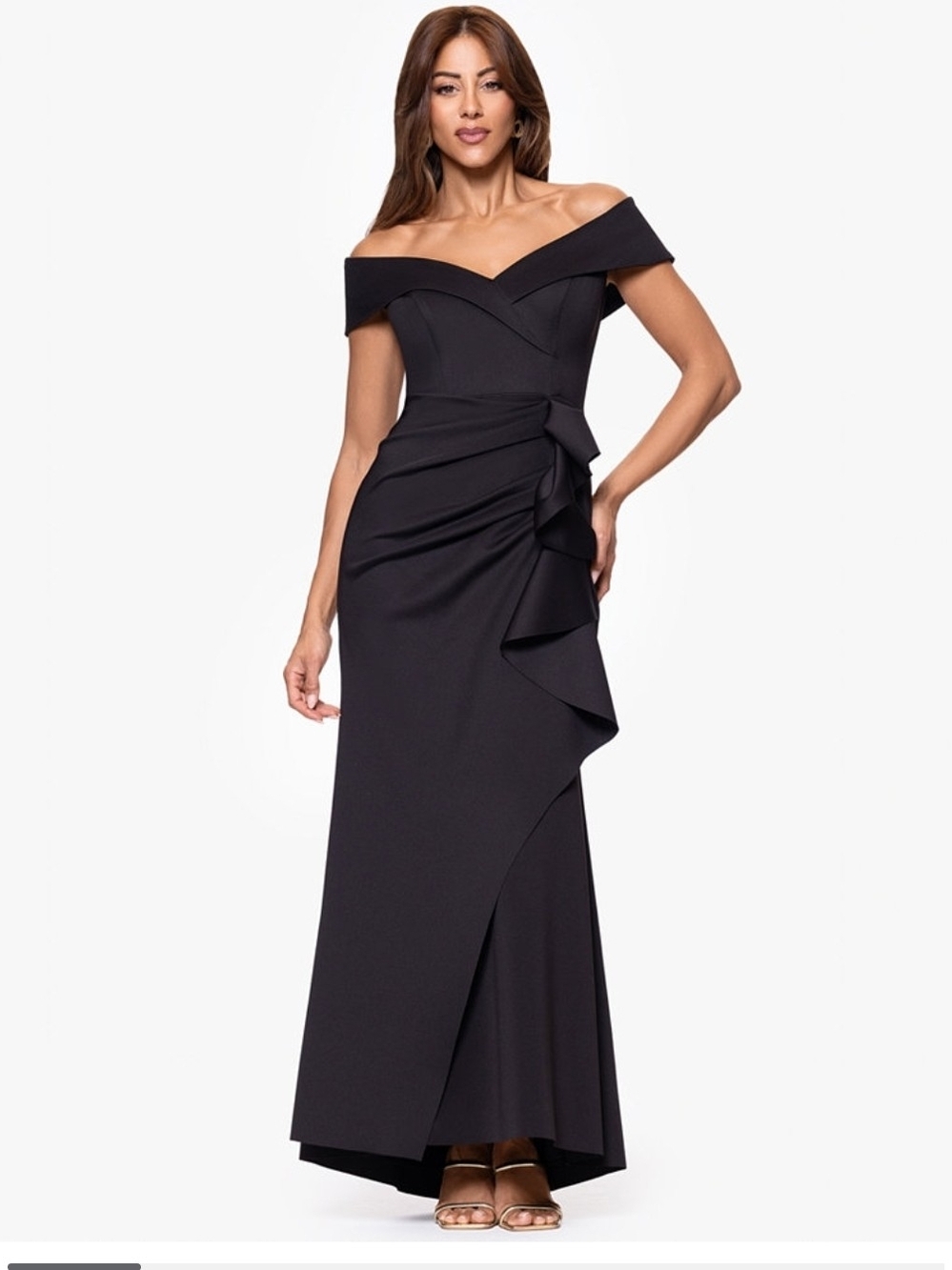 Xscape Dress Black Scuba Off-The-Shoulder Gown Evening Size 12 Prom